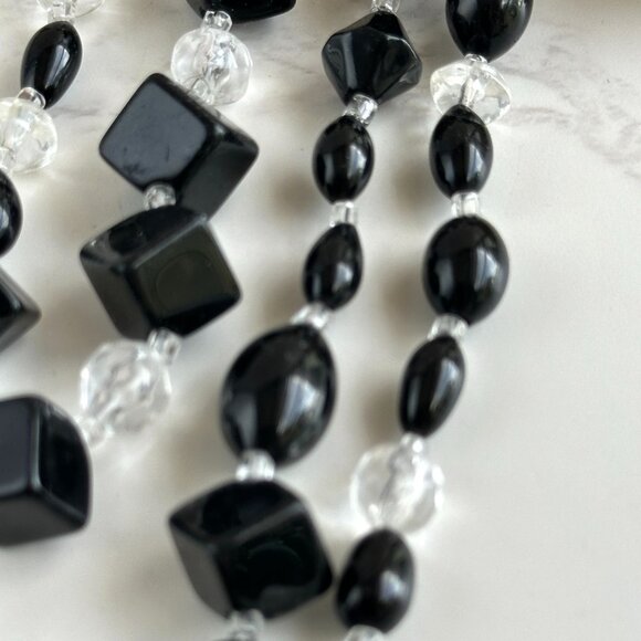 Long 32" Handmade Black & Clear Glass Bead Necklace with Geometric Shapes - Picture 4 of 7
